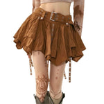 Unconventional fairy grunge mini skirt in brown with rivets and ruffle