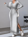 Korean Gray Knitted Dress with V-Neck and Side