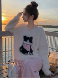 Oversized korean Strickpullover mit Katzen-Motiv für Kuscheliger Herbstlook