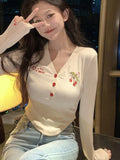 Springy V-neck crop top with cherry embroidery