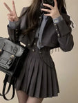 3-piece E-girl skirt set: short coat, pleated skirt &amp; striped shirt