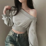 Asymmetric crop sweatshirt with one-sided neckline