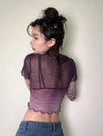 E-girl crop top in purple with mesh and floral print