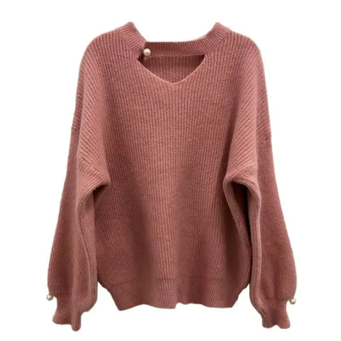 Koreanischer Rosa Strickpullover mit Perlen für Damen