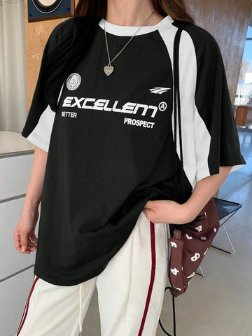 Oversized Y2k T-Shirt with Contrast Colors and Letter Print