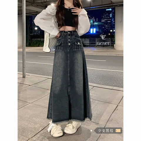 E-Girl Retro Grauer Maxi Jeansrock mit Hoher Taille