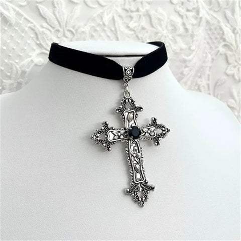 Elegant Gothic Velvet Necklace with Cross Pendant