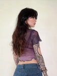 E-girl crop top in purple with mesh and floral print