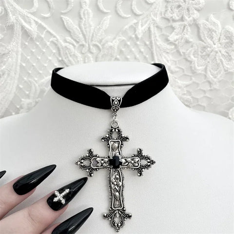 Elegant Gothic Velvet Necklace with Cross Pendant