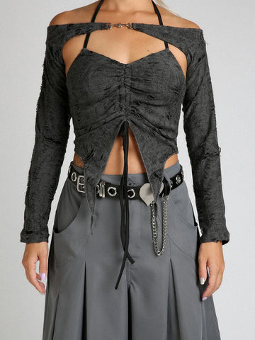 Gothic two-piece with ripped halter top and V-neck shawl