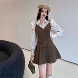 Two-piece light academia outfit with ruffled blouse