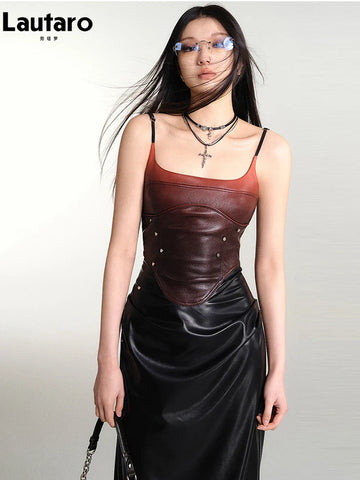 Gothic Spaghetti Strap Midi Dress Made of PU Leather with Studs