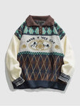 Y2K Sweater with Bear Motif and Geometric Pattern