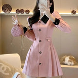 Pink tweed soft girl style dress with long sleeves and A-line