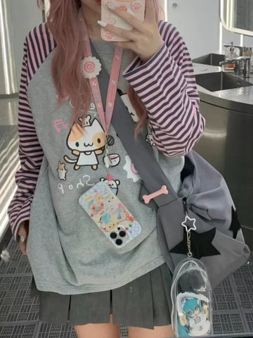 Harajuku Kawaii Hoodie with Stripes & Cartoon Print for Women