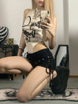 Seductive lace-up shorts in black denim look for E-Girl