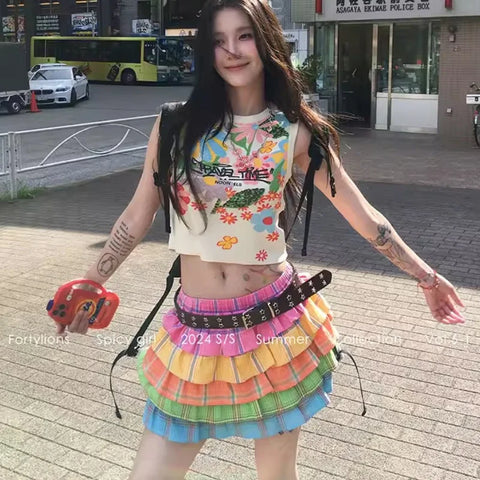 Colorful Y2K Style E-Girl Pleated Skirts – Cute Rainbow Fashion