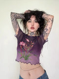 E-girl crop top in purple with mesh and floral print