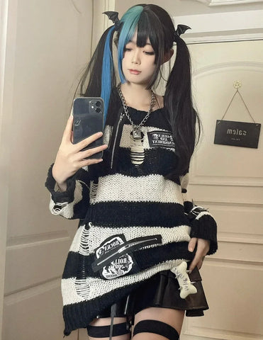 Gothic Punk Zipper Pullover with Skull Details and Hole Pattern Knit Style