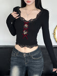 Unembellished Design Bow Lace Trim Cropped T-Shirt in Gothic Style