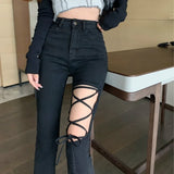 Black Flared Pants with Rips and Lace-Up – E-Girl Aesthetic