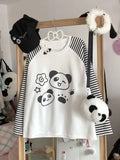 Blue Kawaii T-Shirt with cute cartoon print and striped sleeves