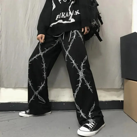 Emo Baggy Leg Pants with Barbed Wire Pattern