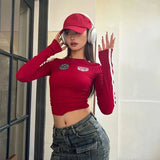 Red Long Sleeve with Patches for Feminine E-Girl