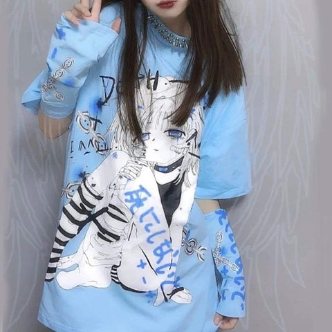 T-Shirt e-girl blau im Stil einer japanischen Zeichnung