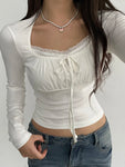 White long sleeve shirt with lacing and lace in Y2K style