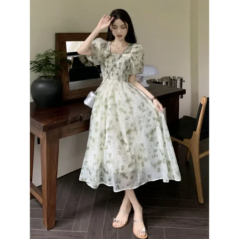 Feminine Fairycore dress with floral pattern for enchanting evening