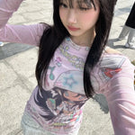 Japanese Anime Print Mesh Tops Kawaii Style