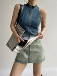 Sleeveless Grunge Denim Dress with Turtleneck and Zipper