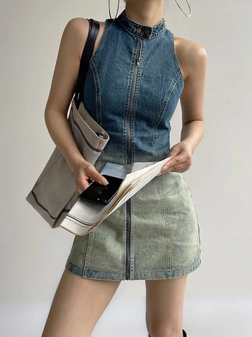 Sleeveless Grunge Denim Dress with Turtleneck and Zipper