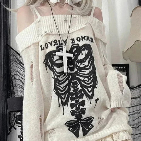 White Gothic Sweater with Skeleton Design Off-Shoulder Style