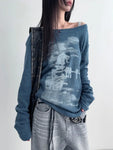 Graue Oversized T-Shirt mit Koller und Grafiken