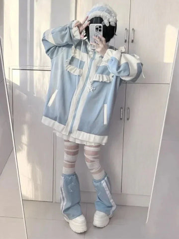 Japanese Patchwork Coat for Women Blue and White