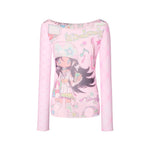 Japanese Anime Print Mesh Tops Kawaii Style