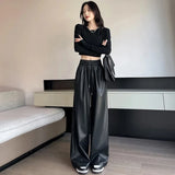 Y2K Pu Faux Leather Trousers Women Fall Wide Leg Pants Korean