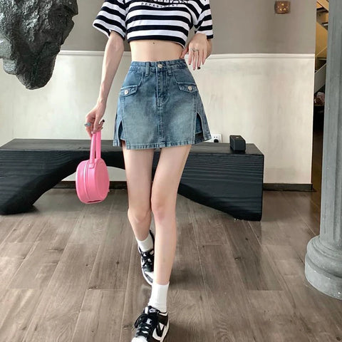 High Waisted Grunge Denim Skirt Shorts for Women 2 in 1