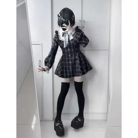 Checkered dress with ruffles and bow Kawaii Lolita style