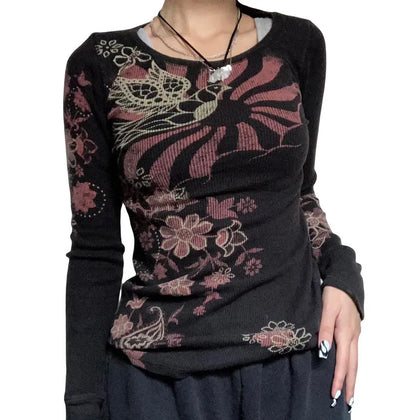 Black Gothic T-Shirt with red flower print and long sleeves.