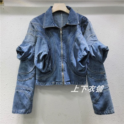 E-Girl Denim Jacket with Puff Sleeves Washed