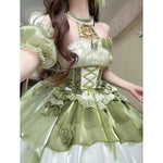 Magical Short Sleeve Lolita Dress in Green – High Waist, Off-Shoulder, for a Cute Alternative Look**