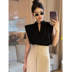 Women Blouses V-neck Korean Style Elegant Chic White Sleeveless Shirts