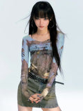 E-Girl Streetwear Transparent Mesh Top with Print and Long Sleeve