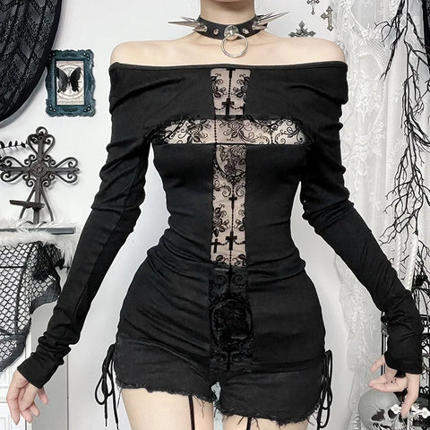 Cyber Goth Top with Lace Patchwork and Cross Motif