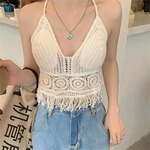 Damen Crop-Top mit Fransen im Koreanische-Strand-Look Sommerliches Stricktop