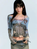 E-Girl Streetwear Transparent Mesh Top with Print and Long Sleeve