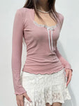 Soft Girl Pink Lace T-Shirt with Square Collar